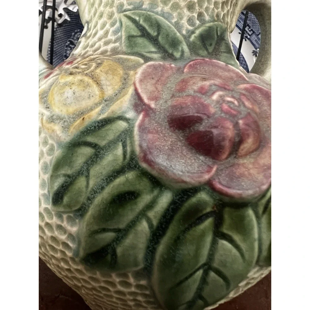 Antique Roseville Rozane Double Handle Roses Floral Art Pottery Vase 6.5